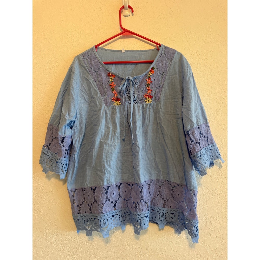 Blue Floral Embroidered Lace Trim Peasant Blouse 3XL Boho Tie Neck Top